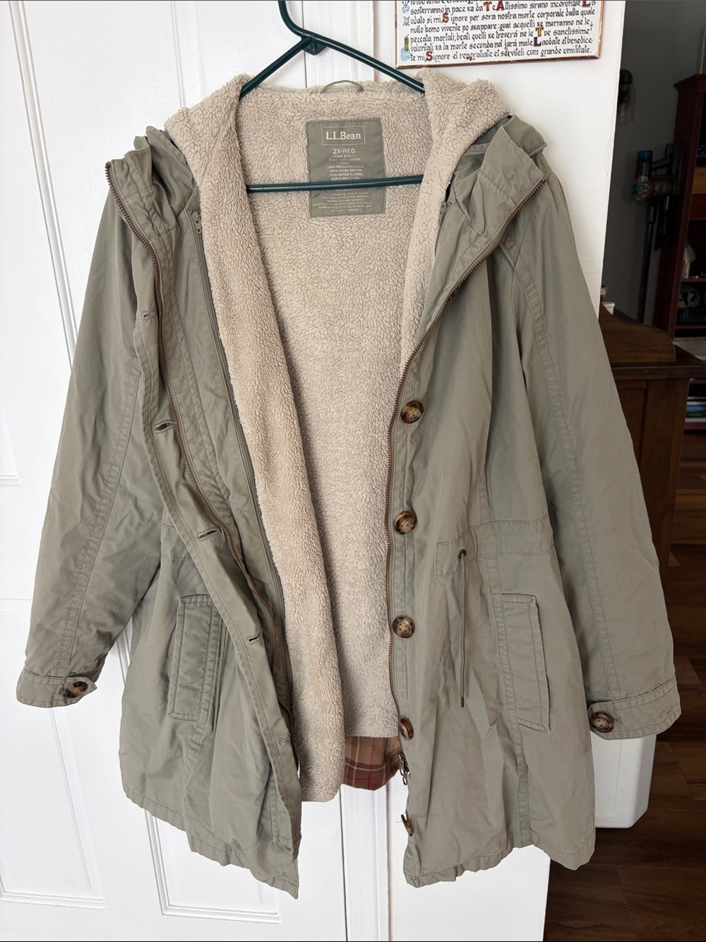 L.L. Bean Women's Hooded Sherpa-Lined Jacket - Olive Green with Cream Lining 2Xl